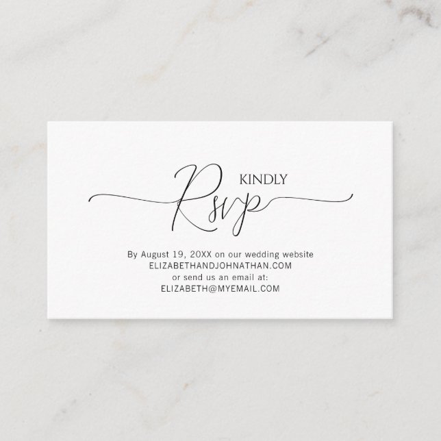 Simple Minimal Script Black & White Wedding RSVP Enclosure Card (Front)