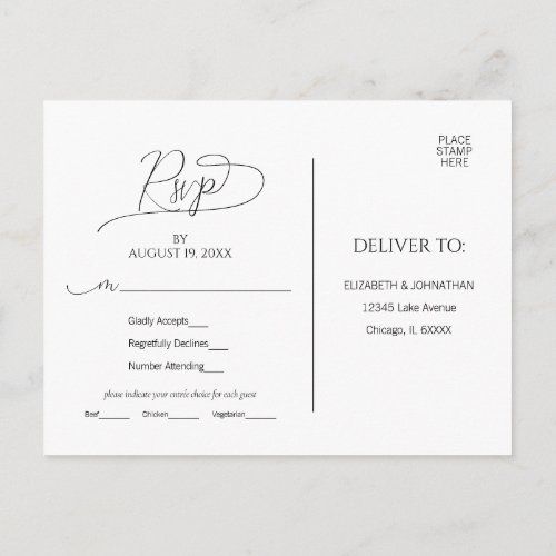 Simple Minimal Script Black  White Wedding RSVP P Postcard