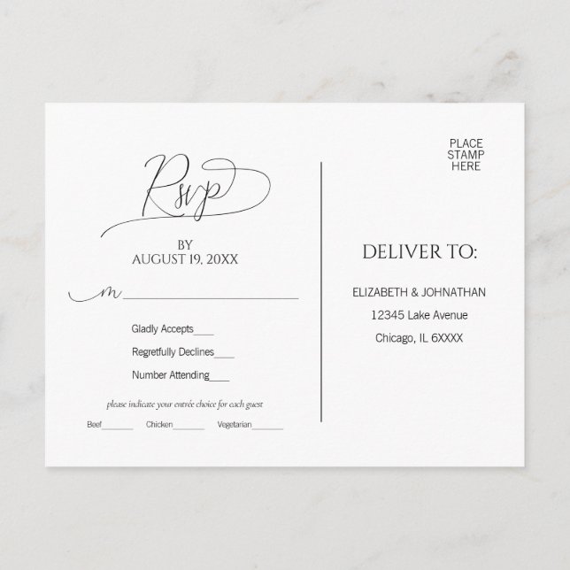 Simple Minimal Script Black & White Wedding RSVP P Postcard (Back)