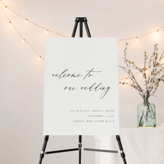 Simple Minimal Script Black White Wedding Welcome Foam Board (In Situ (Stand))