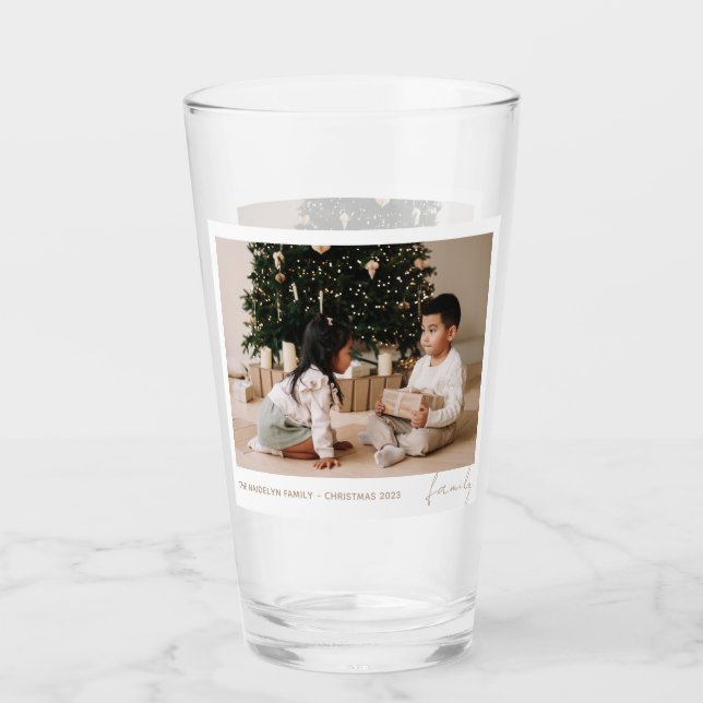 Simple Minimal Script Family Photo Holiday Glass (Front)