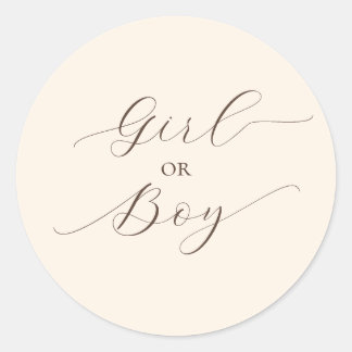 Simple Minimal Script Gender Reveal Party Beige Classic Round Sticker