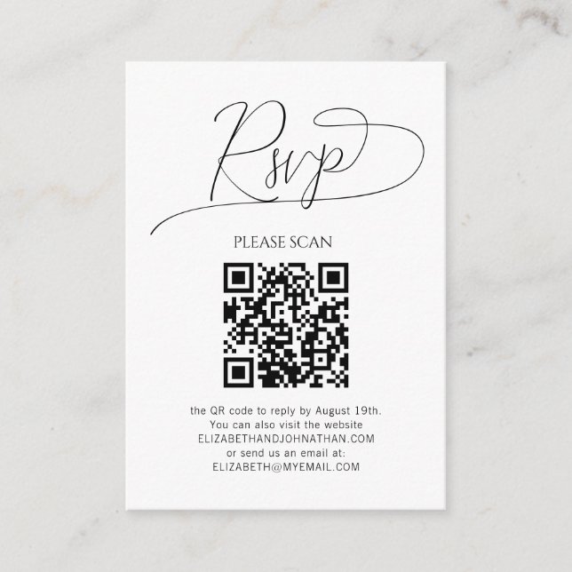 Simple Minimal Script QR Code Wedding RSVP Enclosure Card (Front)