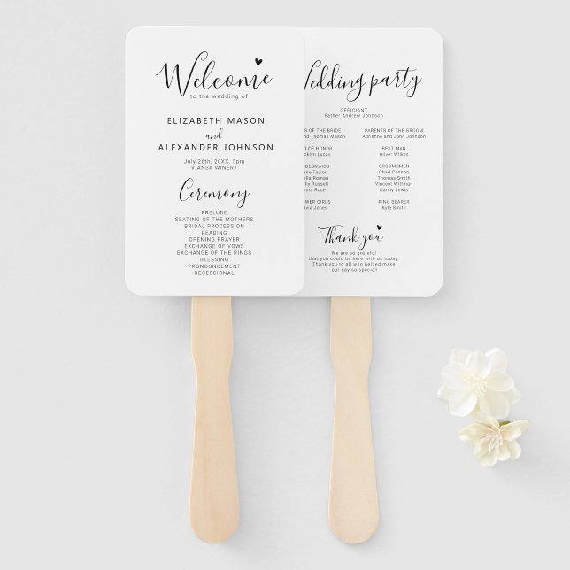 Simple Minimal Script Wedding Ceremony Program Hand Fan (Front and Back)