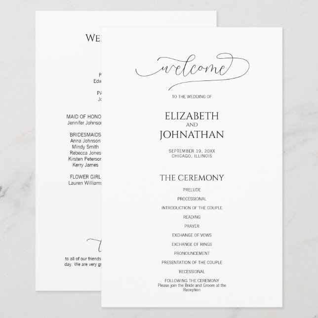 Simple Minimal Script Wedding Program (Front/Back)