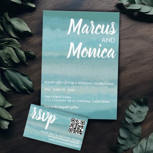 Simple Minimal Sea Blue Watercolor QR Code RSVP Enclosure Card