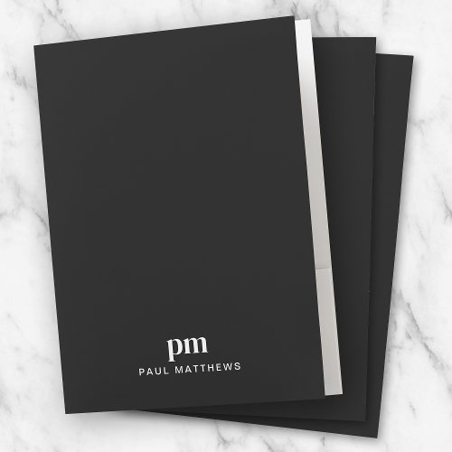 Simple Minimal Sleek Black with Monogram and Name Pocket Folder
