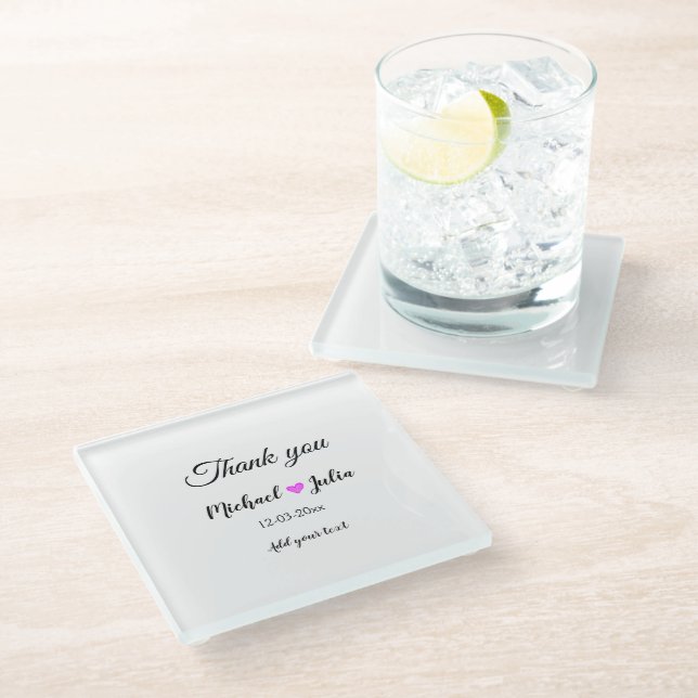 Simple minimal thank you couple name heart glitter glass coaster (Angled)