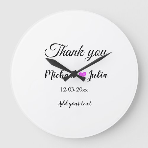 Simple minimal thank you couple name heart glitter large clock