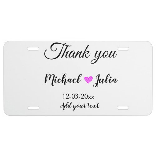 Simple minimal thank you couple name heart glitter license plate