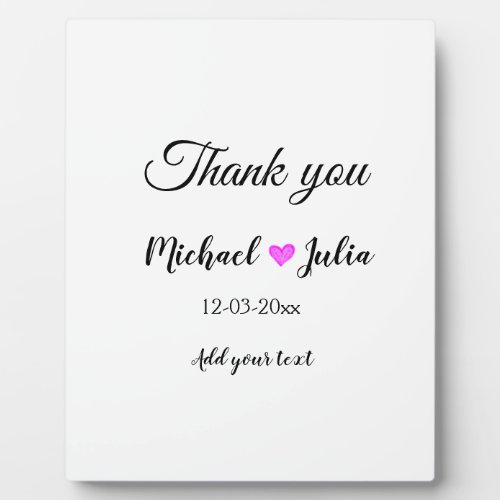 Simple minimal thank you couple name heart glitter plaque