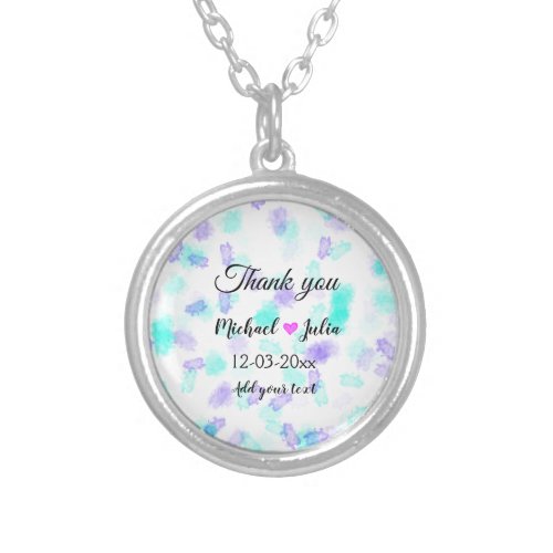 Simple minimal thank you couple name heart glitter silver plated necklace