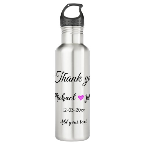 Simple minimal thank you couple name heart glitter stainless steel water bottle