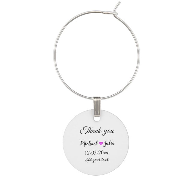 Simple minimal thank you couple name heart glitter wine charm (Front)