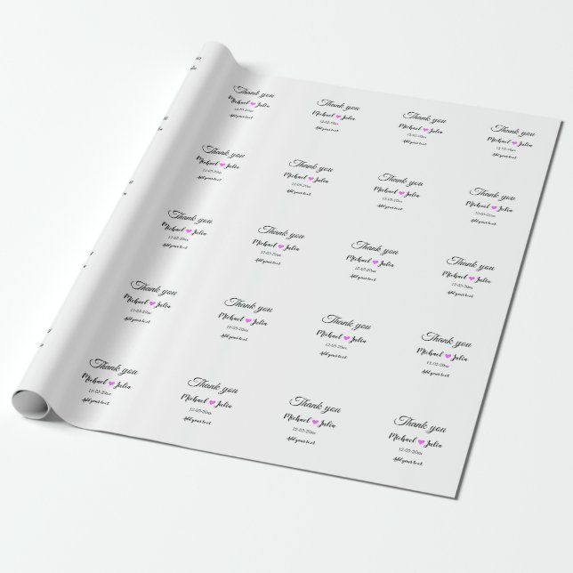 Simple minimal thank you couple name heart glitter wrapping paper (Unrolled)