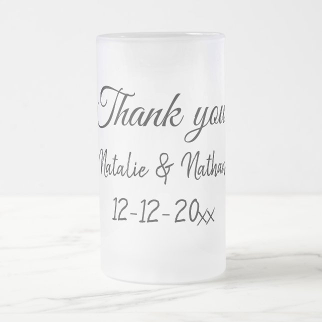 Simple minimal thank you couple name text date cus frosted glass beer mug (Center)