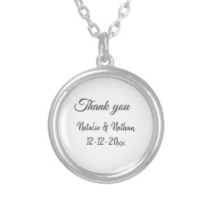 Simple minimal thank you couple name text date cus silver plated necklace