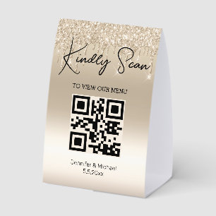 simple minimal trendy qr code wedding menu gold paper table tent