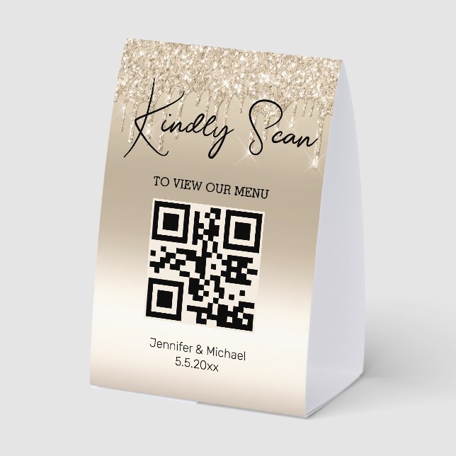 simple minimal trendy qr code wedding menu gold paper table tent  (Back)