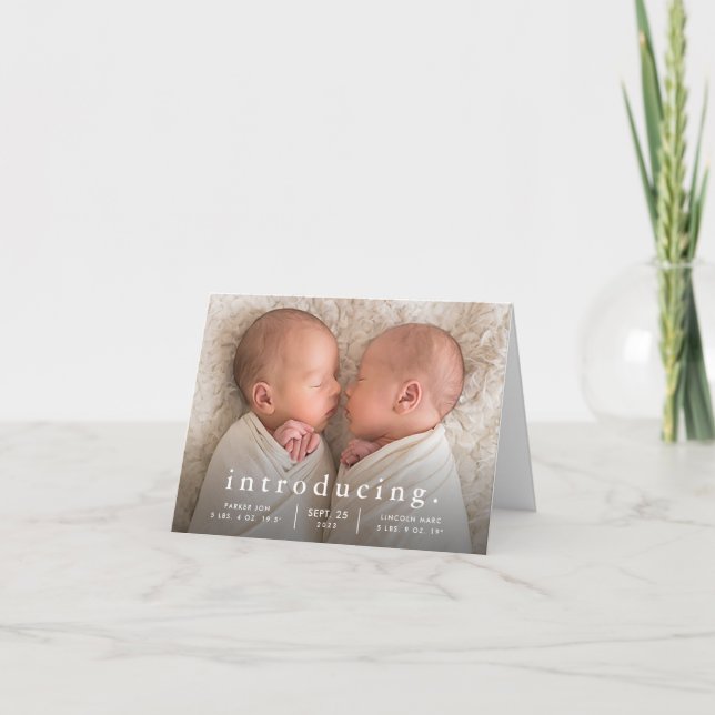 Simple Minimal Twin Photo Birth Announcement (Front)