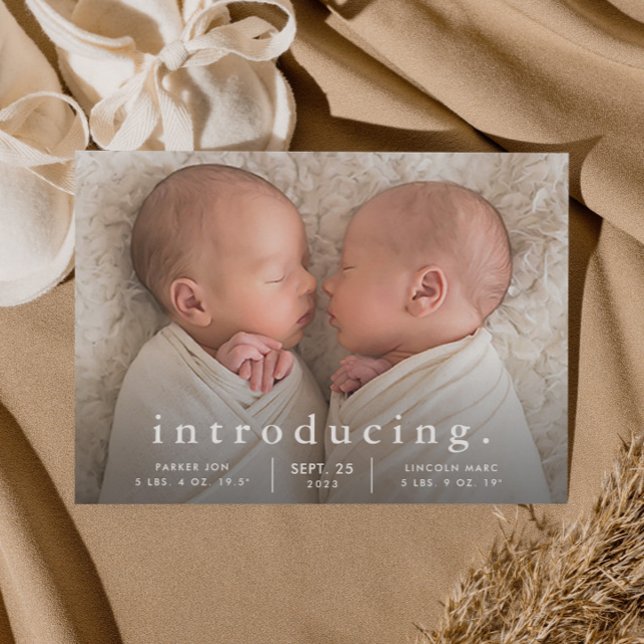 Simple Minimal Twin Photo Birth Announcement Postcard (Simple typography twins baby birth announcement postcard.)