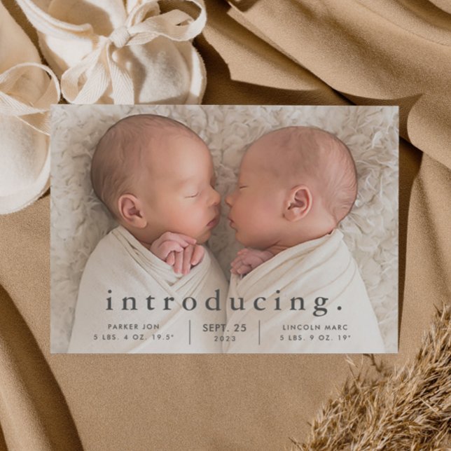 Simple Minimal Twin Photo Birth Announcement Postcard (Simple typography twins baby birth announcement postcard.)