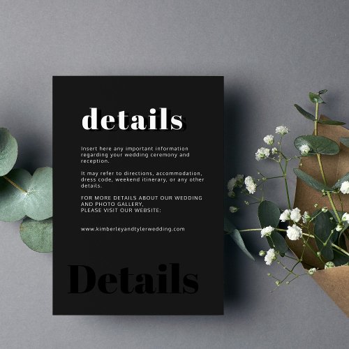 Simple minimal typography black wedding details  enclosure card