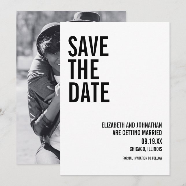 Simple Minimal Typography Photo Save The Date Card (Front/Back)