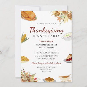 Simple Minimal Watercolor Thanksgiving Dinner Invitation