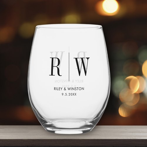 Simple Minimal Wedding Monogram Date Custom  Stemless Wine Glass