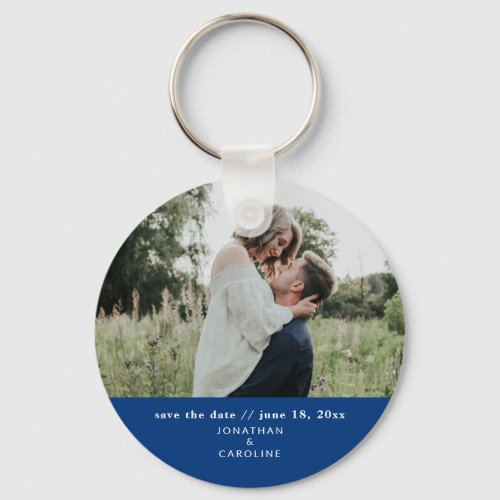 Simple Minimal Wedding Save the Date Photo Blue Keychain
