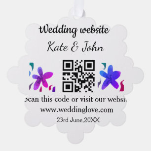Simple minimal wedding website Q R code add name y Ornament Card