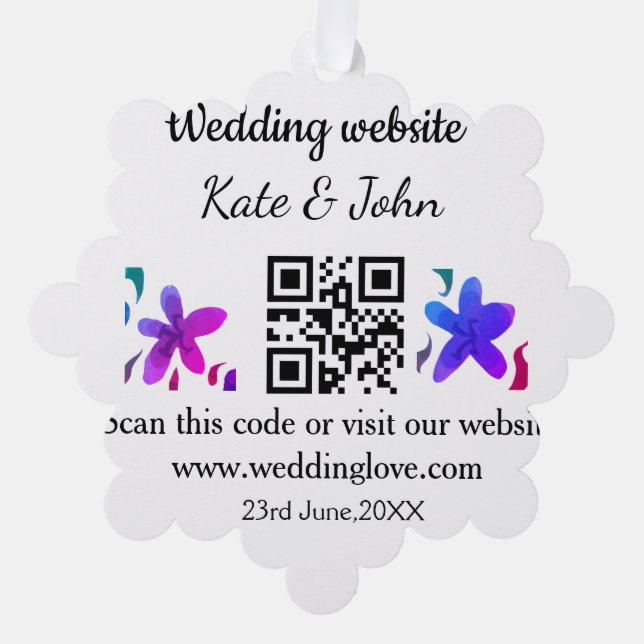 Simple minimal wedding website Q R code add name y Ornament Card (Front)