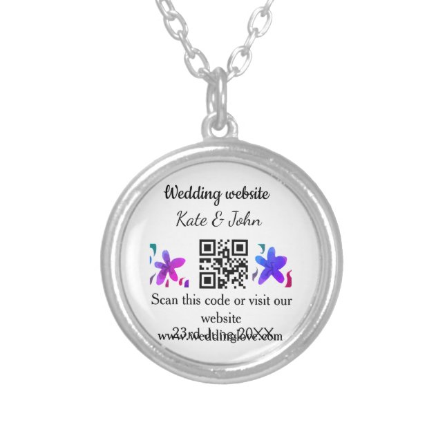 Simple minimal wedding website Q R code add name y Silver Plated Necklace (Front)