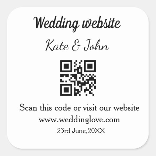 Simple minimal wedding website Q R code add name y Square Sticker