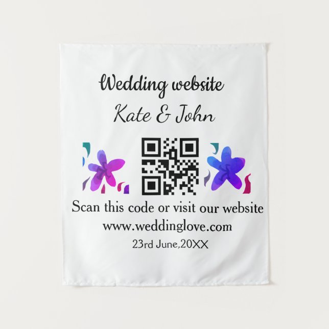 Simple minimal wedding website Q R code add name y Tapestry (Front)