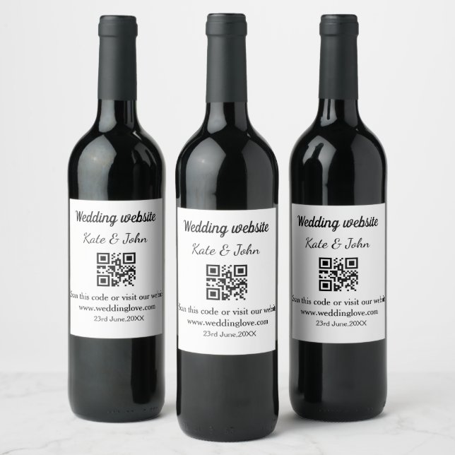 Simple minimal wedding website Q R code add name y Wine Label (Bottles)