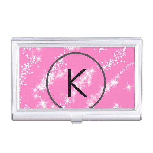 simple minimal white monogram pink glitter waterco business card case