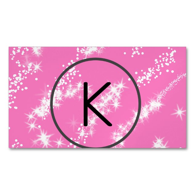 simple minimal white monogram pink glitter waterco business card magnet (Front)