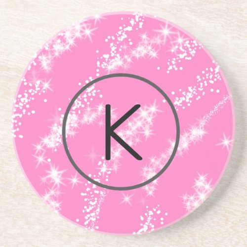 simple minimal white monogram pink glitter waterco coaster