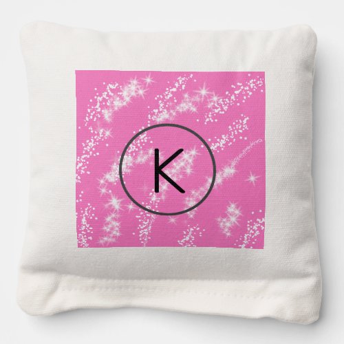 simple minimal white monogram pink glitter waterco cornhole bags