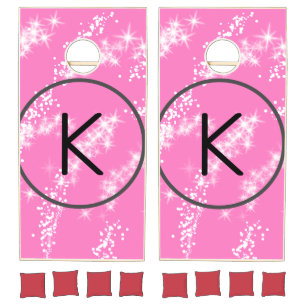 simple minimal white monogram pink glitter waterco cornhole set