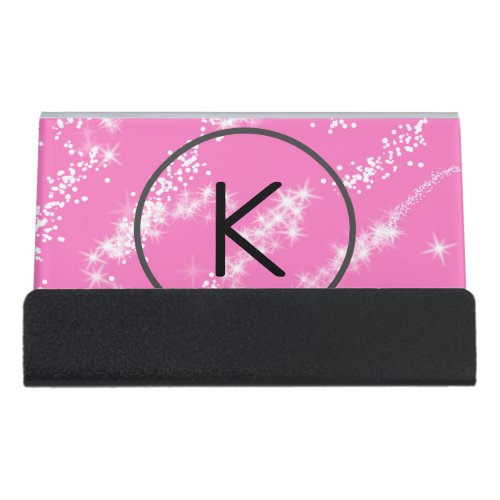 simple minimal white monogram pink glitter waterco desk business card holder