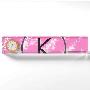 simple minimal white monogram pink glitter waterco desk name plate
