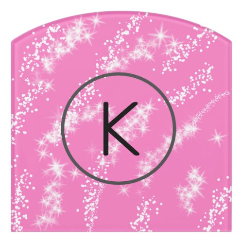 simple minimal white monogram pink glitter waterco door sign