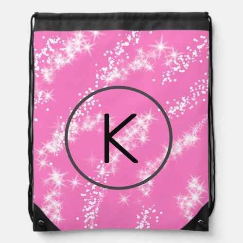 simple minimal white monogram pink glitter waterco drawstring bag