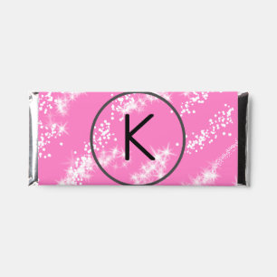 simple minimal white monogram pink glitter waterco hershey bar favors
