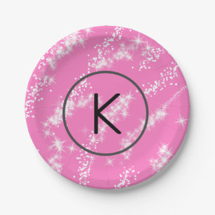 simple minimal white monogram pink glitter waterco paper plates