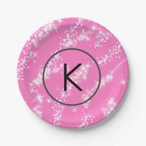 simple minimal white monogram pink glitter waterco paper plates