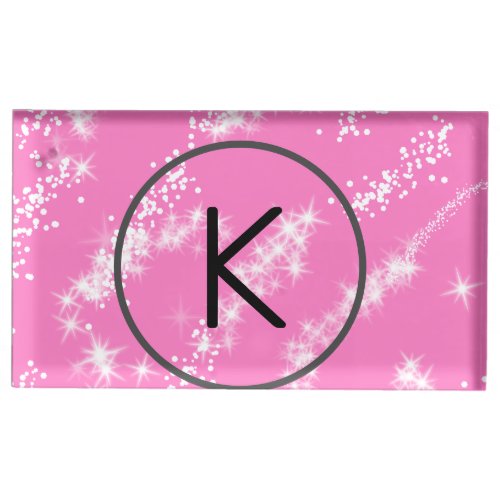 simple minimal white monogram pink glitter waterco place card holder